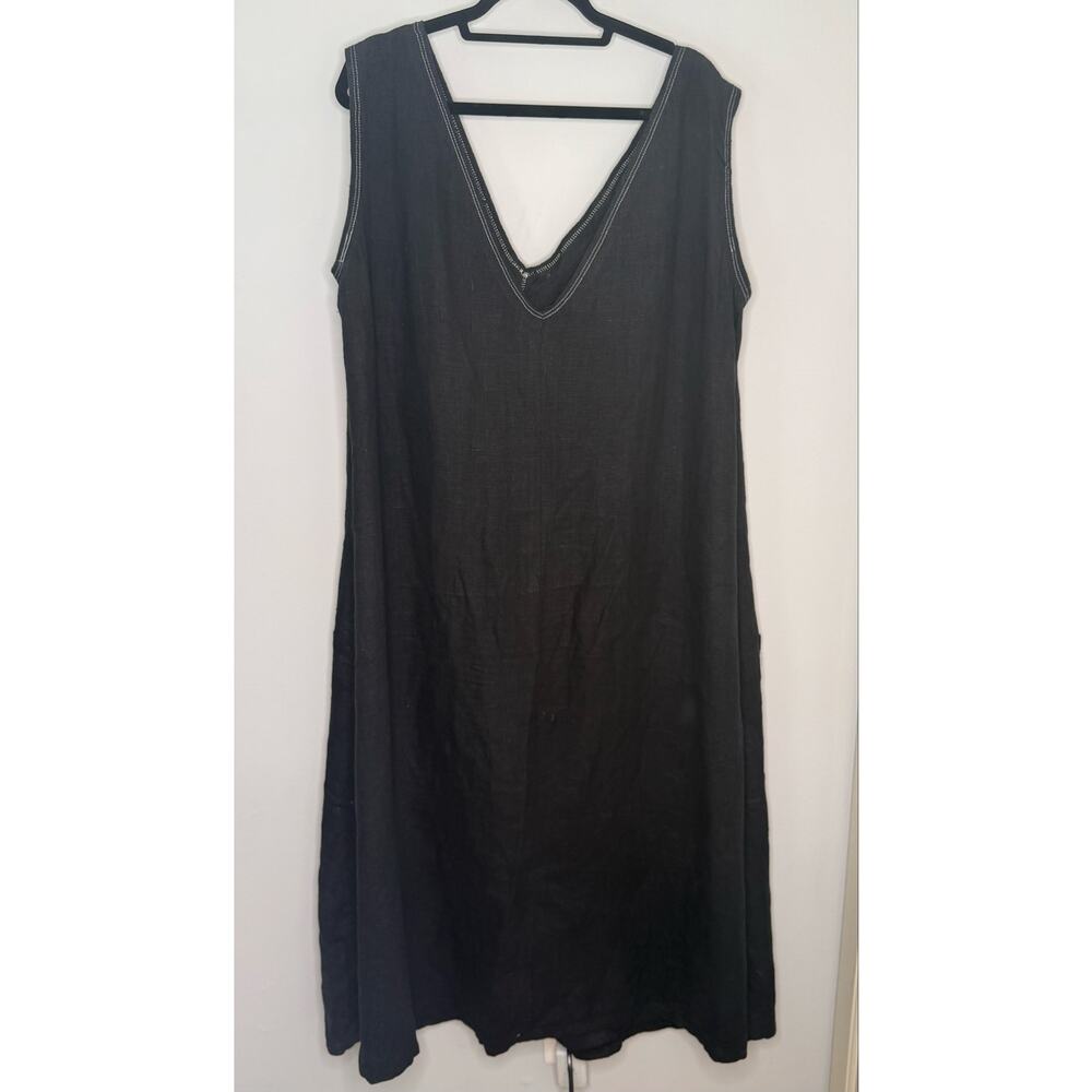 Unbranded Black 100% Linen White Stitching Sleeveless V-neck Maxi Dress 2X/3X - Picture 2 of 6